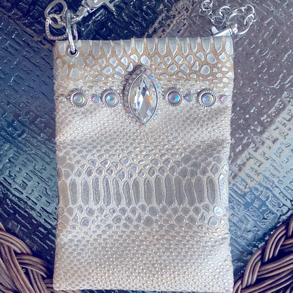 Boutique Silver Faux Snakeskin Rhinestone Mini Crossbody Bag